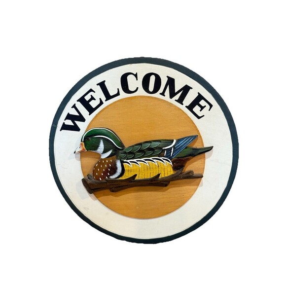 Vintage 3D Carved WELCOME Sign DUCK Circular Round Wooden 13.5” - Picture 1 of 5